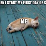 School is back and so is my tiredness | ME WHEN I START MY FIRST DAY OF SCHOOL ME | image tagged in tired dog | made w/ Imgflip meme maker