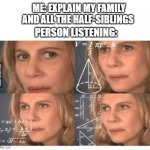 when I explain my family tree | ME: EXPLAIN MY FAMILY AND ALL THE HALF-SIBLINGS; PERSON LISTENING: | image tagged in thinking lady,family | made w/ Imgflip meme maker