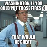 Fires | WASHINGTON, IF YOU COULD PUT THOSE FIRES OUT; THAT WOULD BE GREAT | image tagged in fires | made w/ Imgflip meme maker