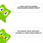 Duolingo | LOOKS LIKE YOU MISSED YOUR SPANISH LESSON TODAY. YOU MISS YOUR SPANISH LESSON, I TAKE YOUR FAMILY! | image tagged in duolingo | made w/ Imgflip meme maker