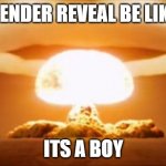 Nuclear Explosion | GENDER REVEAL BE LIKE; ITS A BOY | image tagged in nuclear explosion | made w/ Imgflip meme maker