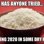 All this rice | HAS ANYONE TRIED... PUTTING 2020 IN SOME DRY RICE? | image tagged in all this rice | made w/ Imgflip meme maker