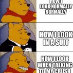 Winnie Pooh | HOW I LOOK NORMALLY NORMALLY; HOW I LOOK IN A SUIT; HOW I LOOK WHEN TALKING TO MY CRUSH | image tagged in winnie pooh | made w/ Imgflip meme maker