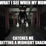 Cartoon cat | WHAT I SEE WHEN MY MOM CATCHES ME GETTING A MIDNIGHT SNACK | image tagged in cartoon cat | made w/ Imgflip meme maker