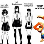 will strech his arm's out just for you! | WILL STRECH HIS ARMS OUT JUST FOR YOU | image tagged in dominated anime girls,lanky kong,donkey kong,anime,anime girls,dk64 | made w/ Imgflip meme maker
