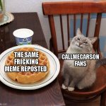 Pancake Cat | CALLMECARSON FANS; THE SAME FRICKING MEME REPOSTED | image tagged in pancake cat,memes,callmecarson | made w/ Imgflip meme maker