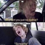 You’ve stumbled on their videos on FB and it’s always stupid | ME; 5-MINUTE CRAFT’S VIDEOS | image tagged in why can t you just be normal | made w/ Imgflip meme maker