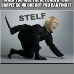 Stelf | WHEN YOU HIDE THE KEY UNDER YOUR CARPET SO NO ONE BUT YOU CAN FIND IT | image tagged in stelf | made w/ Imgflip meme maker