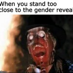 ark of the gender | When you stand too close to the gender reveal | image tagged in ark of the covenant face melt,gender reveal,memes | made w/ Imgflip meme maker