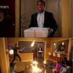 Troy walks in with pizza meme