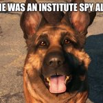 Dogmeat, no! | WHAT IF HE WAS AN INSTITUTE SPY ALL ALONG? | image tagged in dogmeat moon moon | made w/ Imgflip meme maker