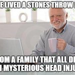 head injuries are fun! | I ONCE LIVED A STONES THROW AWAY; FROM A FAMILY THAT ALL DIED FROM MYSTERIOUS HEAD INJURIES | image tagged in hide the pain harold smile | made w/ Imgflip meme maker