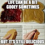 Gooey Life | LIFE CAN BE A BIT
GOOEY SOMETIMES; BUT IT'S STILL DELICIOUS | image tagged in inside out peanut butter and jelly sandwich | made w/ Imgflip meme maker