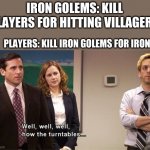 Well well well how the turn tables | IRON GOLEMS: KILL PLAYERS FOR HITTING VILLAGERS; PLAYERS: KILL IRON GOLEMS FOR IRON | image tagged in well well well how the turn tables,minecraft,memes | made w/ Imgflip meme maker