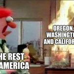 a 2020 meme | OREGON, WASHINGTON, AND CALIFORNIA; THE REST OF AMERICA | image tagged in muppet | made w/ Imgflip meme maker