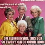 Golden Girls | And if you threw a party
invited everyone you knew I'M HIDING INSIDE THIS BOX
SO I WON'T CATCH COVID FROM
YOU OR YOUR CRAZY FRIENDS
WHAT ARE | image tagged in golden girls | made w/ Imgflip meme maker