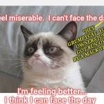 He is so Grumpy | "HEY GRUMPYCAT- YOUR OWNERS JUST GOT RUN-OVER BY A MACK TRUCK!"; I feel miserable.  I can't face the day; I'm feeling better... I think I can face the day | image tagged in grumpycat,good,friday | made w/ Imgflip meme maker