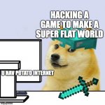 doge trying to hacka  game to get a super flat world | HACKING A GAME TO MAKE A SUPER FLAT WORLD; U HAV POTATO INTERNET | image tagged in hacker doge | made w/ Imgflip meme maker