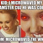 the WHAT | KID: I MICROWAVED MY HAMSTER CUZ HE WAS COLD; MOM: MICROWAVED THE WHAT | image tagged in the what | made w/ Imgflip meme maker