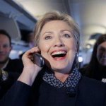 Excited Hillary Clinton on phone during campaign meme