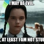 Wednesday Addams | I MAY BE EVIL. BUT, AT LEAST I AM NOT STUPID. | image tagged in wednesday addams | made w/ Imgflip meme maker