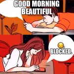 Boy and girl | GOOD MORNING BEAUTIFUL; 😒, BLOCKED. | image tagged in boy and girl | made w/ Imgflip meme maker