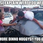 GOT ANY DINNO NUGGYS | SIR PLEASE EXPLAIN WERE YOU WERE GOING; I NEEDED MORE DINNO NUGGYS!! YOU GOT ANY?? | image tagged in car crash interview | made w/ Imgflip meme maker