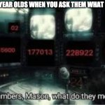 Is this relatable to you? | NOBODY: 5 YEAR OLDS WHEN YOU ASK THEM WHAT IS 100+100 | image tagged in the numbers mason what do they mean | made w/ Imgflip meme maker