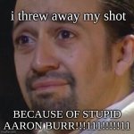I hate burr | i threw away my shot; BECAUSE OF STUPID AARON BURR!!!111!!!!!11 | image tagged in sad hamilton | made w/ Imgflip meme maker