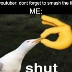 SHUT | youtuber: dont forget to smash the li-; ME: | image tagged in shut,youtube,youtuber,memes | made w/ Imgflip meme maker