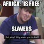 sad | AFRICA: *IS FREE*; SLAVERS | image tagged in why | made w/ Imgflip meme maker