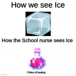 Ice | How we see Ice; How the School nurse sees Ice; Potion of healing | image tagged in blank | made w/ Imgflip meme maker