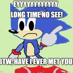 does anyone remember? | LONG TIME NO SEE! EYYYYYYYYYYYY; BTW, HAVE I EVER MET YOU? | image tagged in honic,sonic the hedgehog,sanic | made w/ Imgflip meme maker