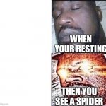 Seeing a spider | WHEN YOUR RESTING; THEN YOU SEE A SPIDER | image tagged in shack sleeping | made w/ Imgflip meme maker