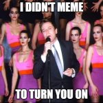 I DIDN'T MEME TO TURN YOU ON | I DIDN'T MEME; TO TURN YOU ON | image tagged in robert palmer | made w/ Imgflip meme maker