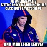 Michael Phelps Death Stare | ME WHEN MY CAT IS SITTING ON MY LAP DURING ONLINE CLASS BUT I HAVE TO SIT UP AND MAKE HER LEAVE! | image tagged in memes,michael phelps death stare | made w/ Imgflip meme maker