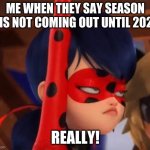 Grumpy Miraculous | ME WHEN THEY SAY SEASON 4 IS NOT COMING OUT UNTIL 2021:; REALLY! | image tagged in grumpy miraculous | made w/ Imgflip meme maker