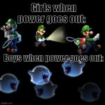How many of you know which games these are from? | Girls when power goes out:; Boys when power goes out: | image tagged in blank black template,luigi,ghost boo,vacuum,video games | made w/ Imgflip meme maker