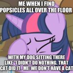 Mlp Twilight Sparkle facehoof | ME WHEN I FIND POPSICLES ALL OVER THE FLOOR; WITH MY DOG SITTING THERE LIKE "I DIDN'T DO NOTHING. THAT CAT DID IT.  ME: WE DON'T HAVE A CAT | image tagged in mlp twilight sparkle facehoof | made w/ Imgflip meme maker