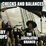 Checks and Balances | CHECKS AND BALANCES; THE
JUDICIAL
BRANCH; THE 
EXECUTIVE 
BRANCH; LOBBY
GROUPS; CONSTITUTIONALITY 
ISSUES; THE 
LEGISLATIVE
BRANCH | image tagged in pirates of the caribbean gun pointing | made w/ Imgflip meme maker