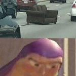 Hmm: A sofa is in the middle of the road. | image tagged in buzz lightyear hmm,sofa,memes,funny,cars,roads | made w/ Imgflip meme maker
