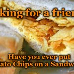 sandwich | Asking for a friend; Have you ever put Potato Chips on a Sandwich? | image tagged in sandwich | made w/ Imgflip meme maker