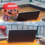 Mario watching the Laptop then yeeting himself