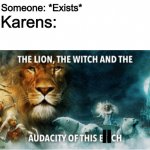 Karen | Someone: *Exists*; Karens:; II | image tagged in the lion the witch and the audacity of this bitch,karens,karen | made w/ Imgflip meme maker