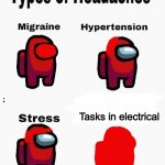 Among us types of headaches | Tasks in electrical Tasks in electrical | image tagged in among us types of headaches | made w/ Imgflip meme maker