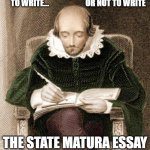 shakespeare writing | TO WRITE...                       OR NOT TO WRITE; THE STATE MATURA ESSAY | image tagged in shakespeare writing | made w/ Imgflip meme maker