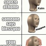 Kalm Hapee Panik | you sneeze at home; someone says bless you; YOUR HOME ALONE | image tagged in kalm hapee panik | made w/ Imgflip meme maker