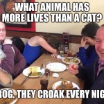 dad joke | WHAT ANIMAL HAS MORE LIVES THAN A CAT? A FROG. THEY CROAK EVERY NIGHT! | image tagged in dad joke | made w/ Imgflip meme maker