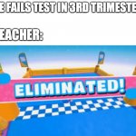 just how the cookie crumbles | ME FAILS TEST IN 3RD TRIMESTER; TEACHER: | image tagged in fall guys eliminated | made w/ Imgflip meme maker