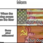 Communist capitalist bunny | Mom; When the dog poops on the floor; Your dog; Every other millisecond; Our dog | image tagged in communist capitalist bunny | made w/ Imgflip meme maker